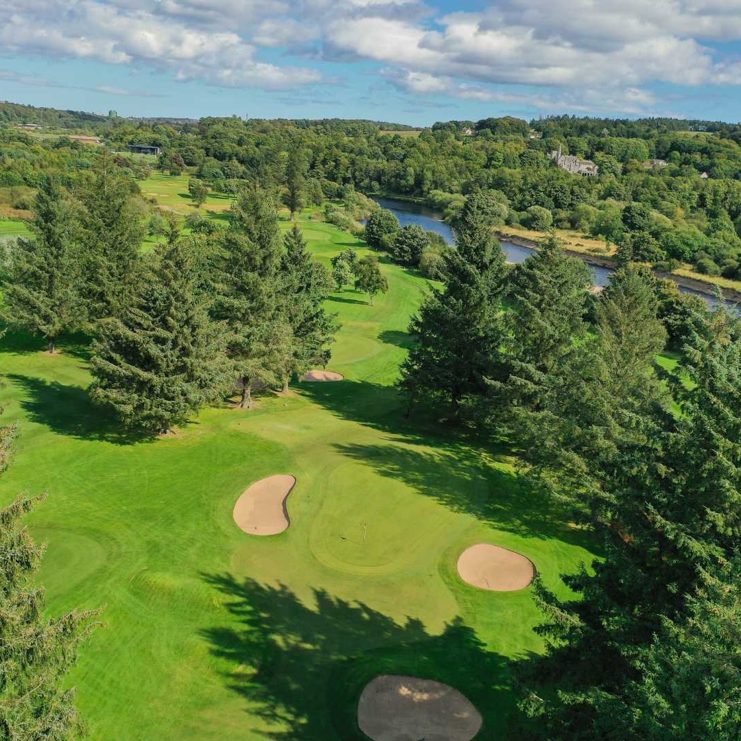 Aerial view of the Blairs 9-hole course and the River Dee at Deeside Golf Club