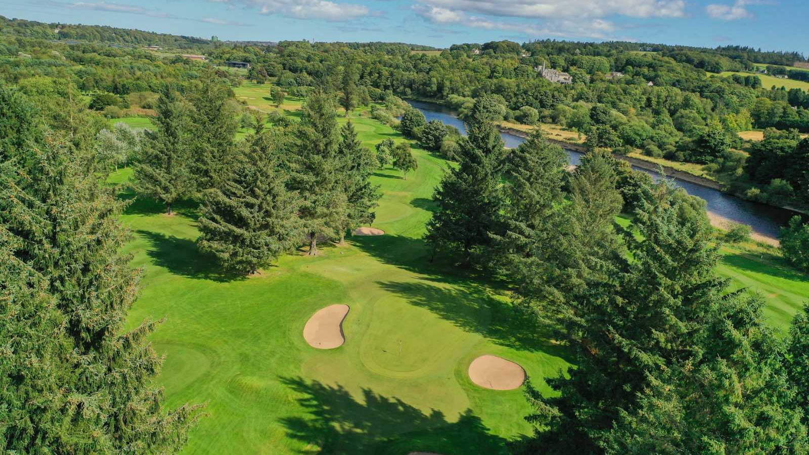 Aerial view of the Blairs 9-hole course and the River Dee at Deeside Golf Club