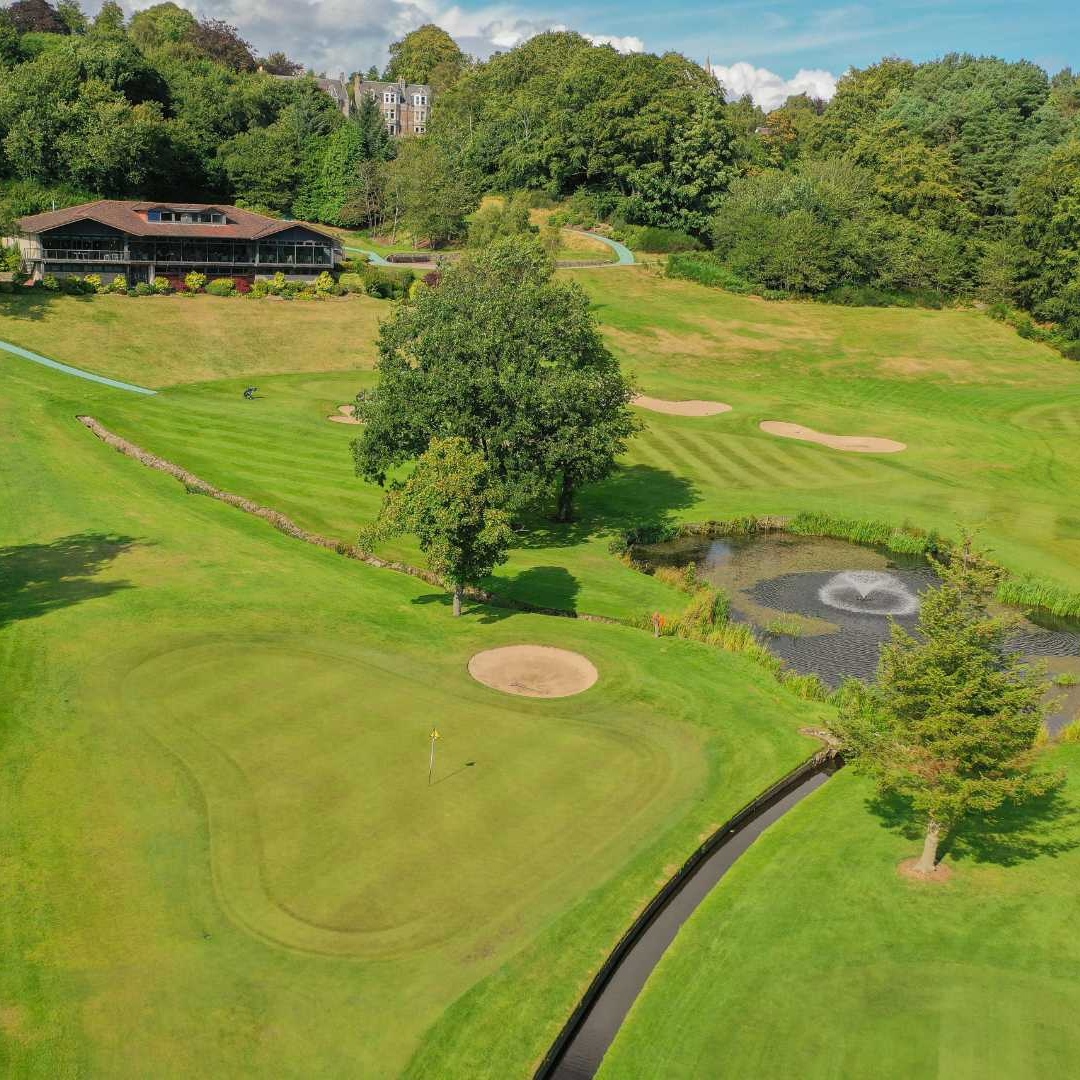 Aerial view of the Blairs course, clubhouse and pond at Deeside Golf Club