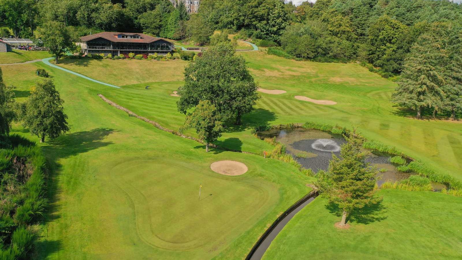 Aerial view of the Blairs course, clubhouse and pond at Deeside Golf Club