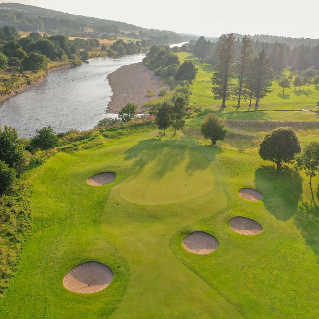 Aerial view of a green and fairway on the Haughton 18-hole course at Deeside Golf Club