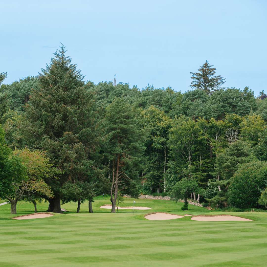 Golf green with surrounding bunkers on the Haughton Course at Deeside Golf Club