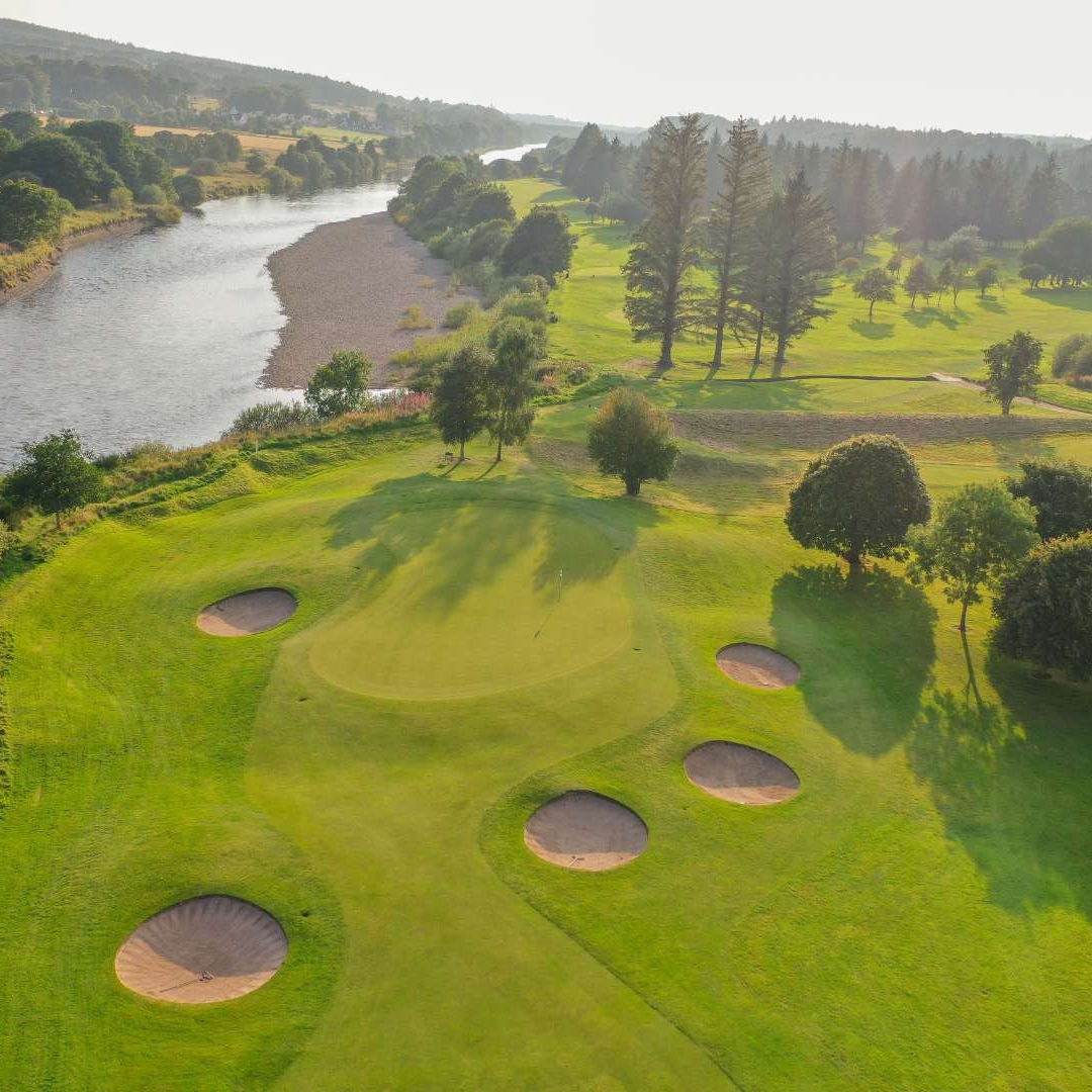 Aerial view of golf green and fairway beside the River Dee on the Haughton Course at Deeside Golf Club