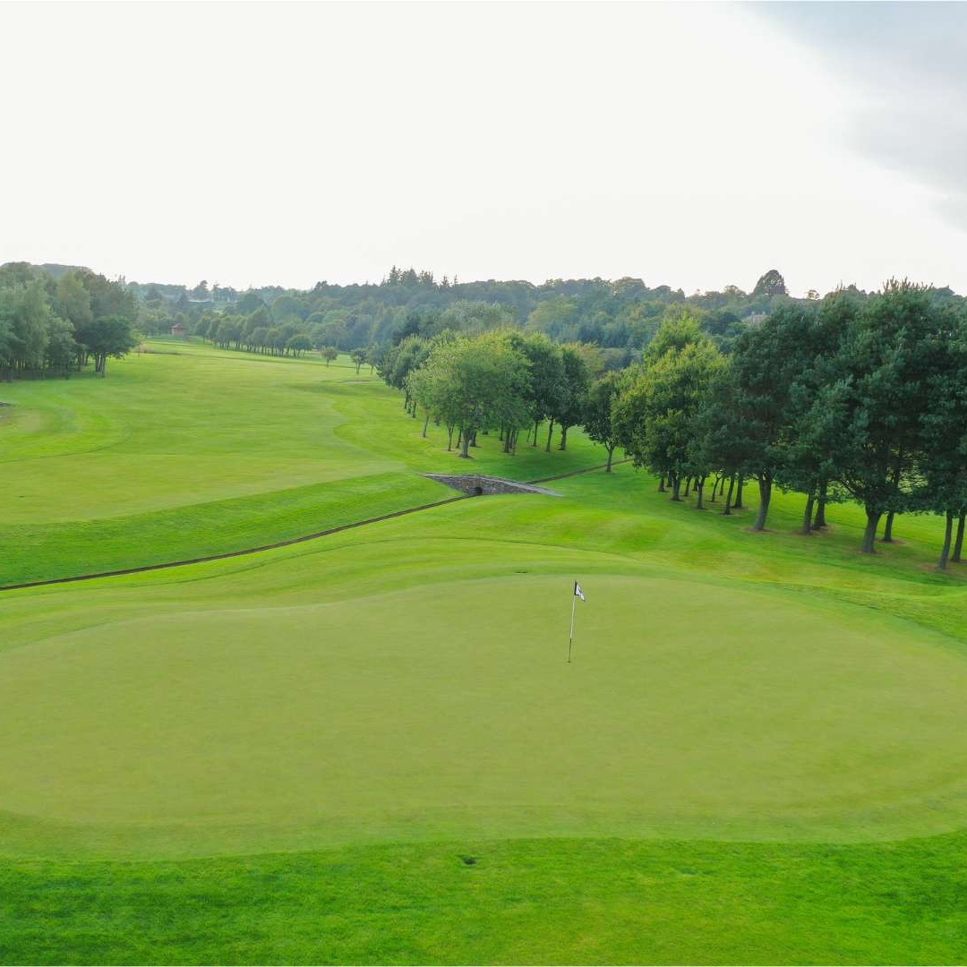 Aerial view of a green and fairway on the Haughton 18-hole course at Deeside Golf Club