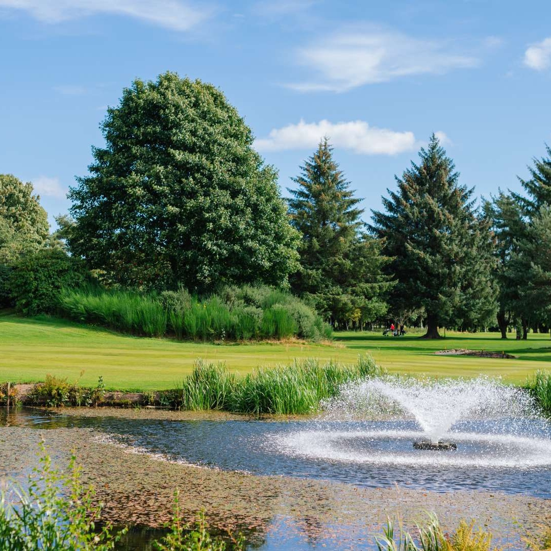Aerial view of a golf green, bunkers and pond on the Haughton Course at Deeside Golf Club