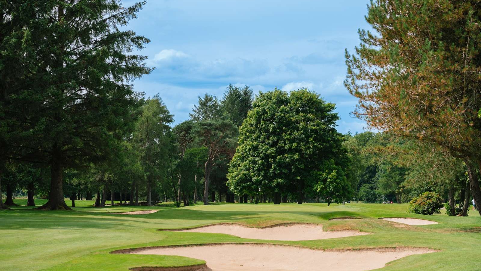 Golf green with bunkers and mature trees on the Haughton Course at Deeside Golf Club