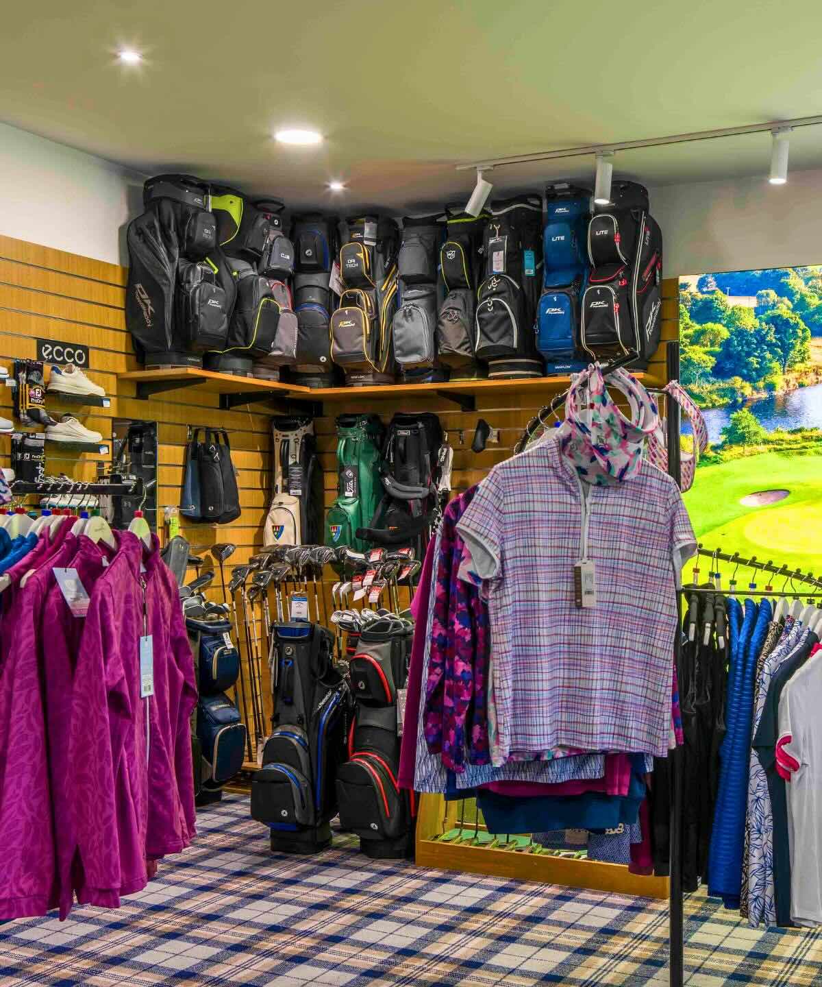 Golf clothing, golf bags and clubs available from the Pro Shop at Deeside Golf Club